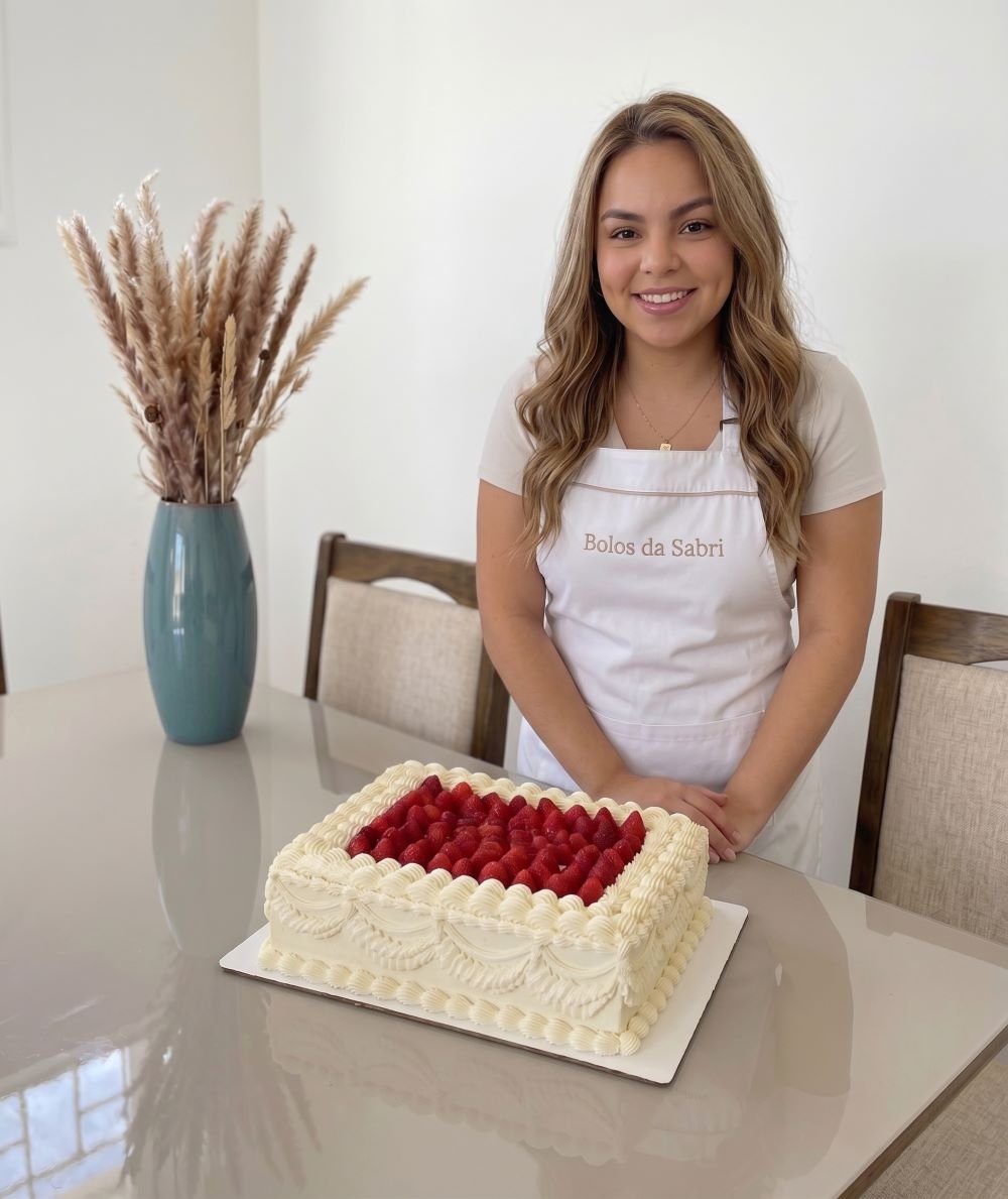 Confeiteira com Bolo de Morango Quadrado