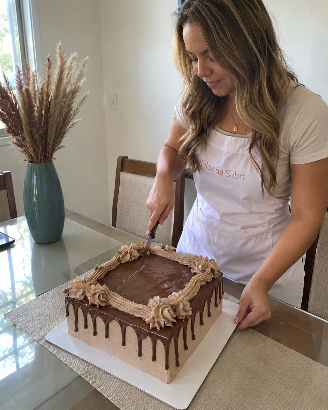 Confeiteira com Bolo de Chocolate Quadrado